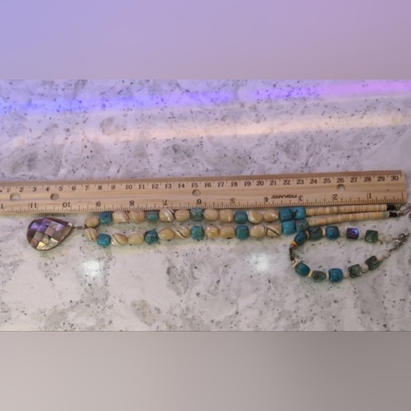 Unique Turquoise and Tan Beaded Necklace and Bracelet Set - Picture 7 of 15